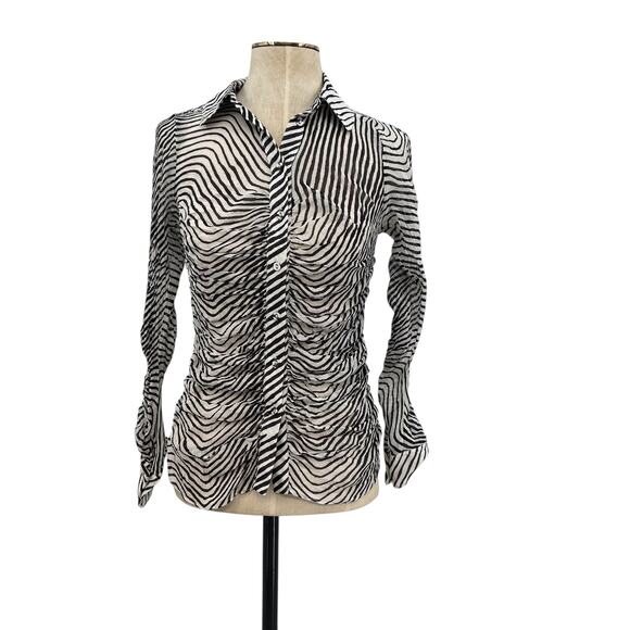 Tanya Taylor Shirt Top Blouse Button Down Ruched Zebra Print Silk Size 2 - Picture 1 of 13